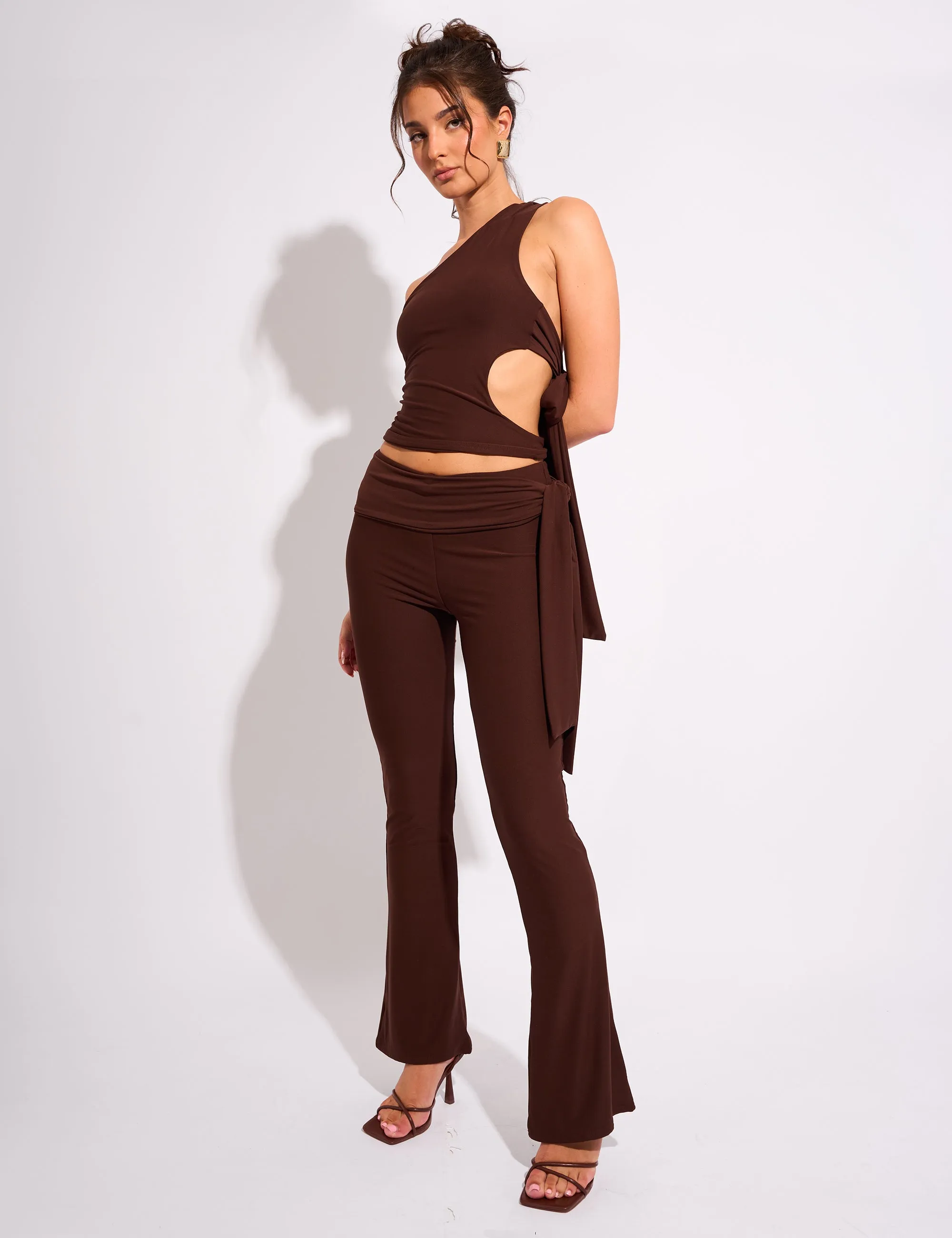 Knot Detail Tie Side Luxe Slinky Trousers Chocolate sold by Public Desire