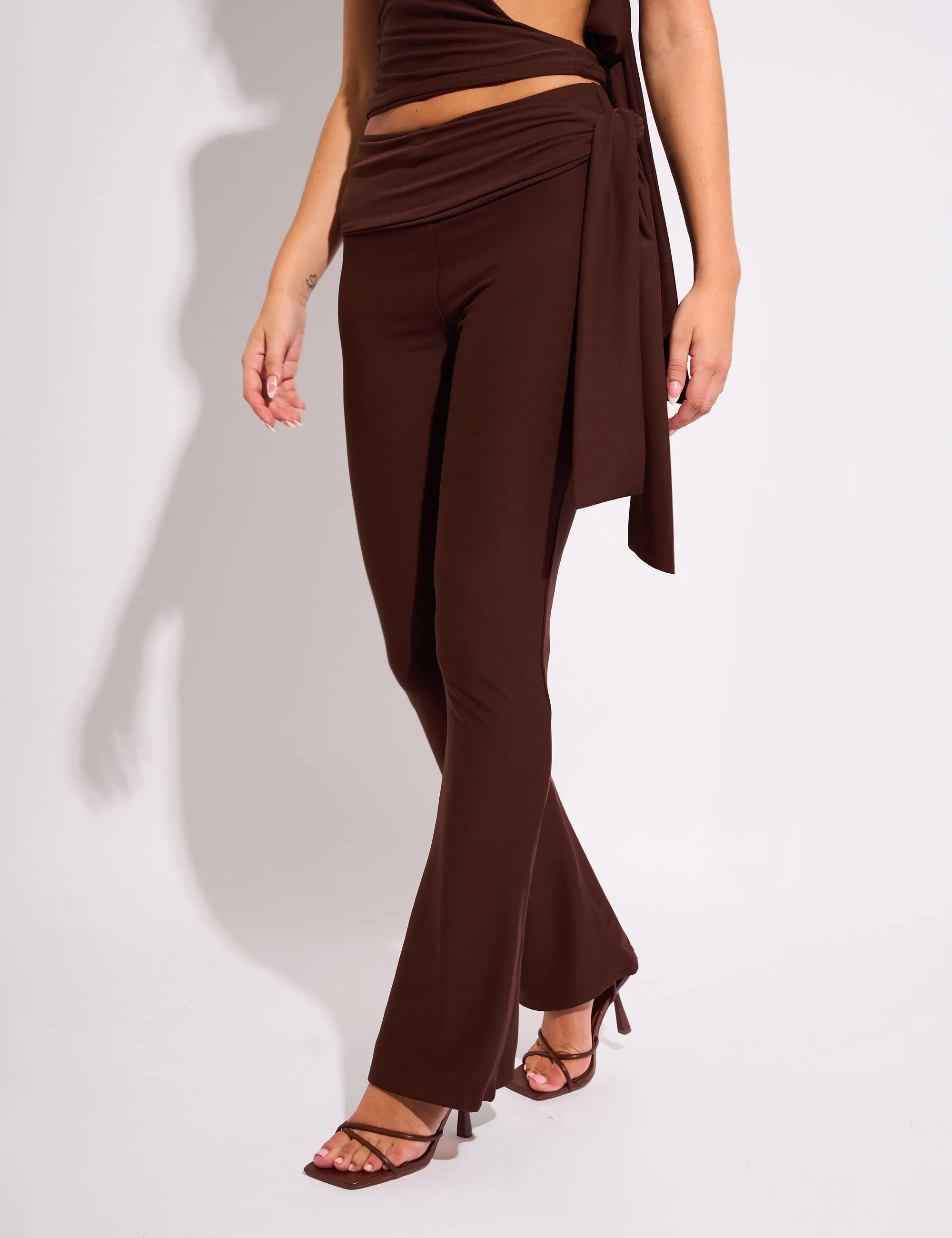 Knot Detail Tie Side Luxe Slinky Trousers Chocolate sold by Public Desire product image thumbnail 2