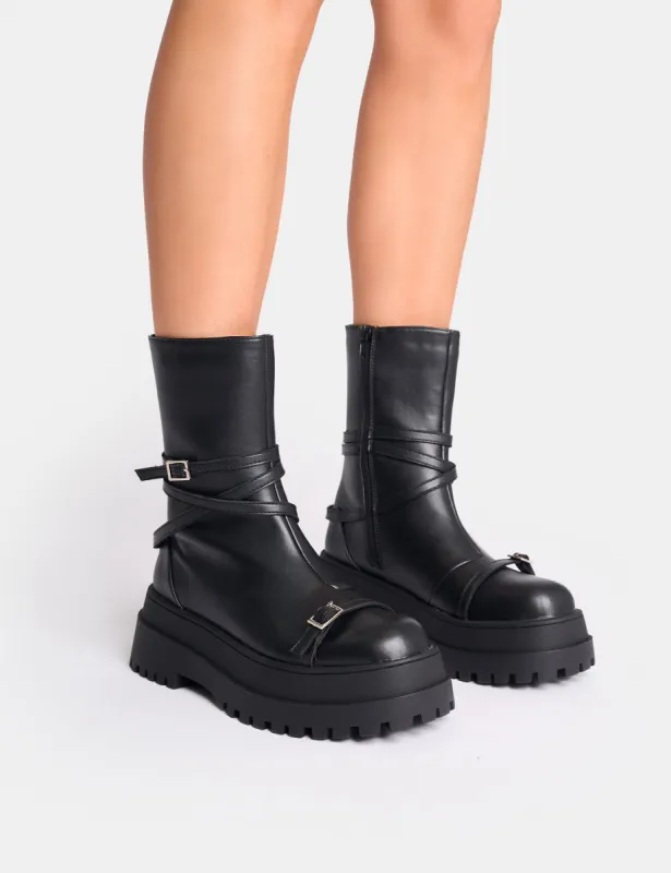 Odessa Black Multi Strap Detail Chunky Sole Ankle Boots sold by Public Desire