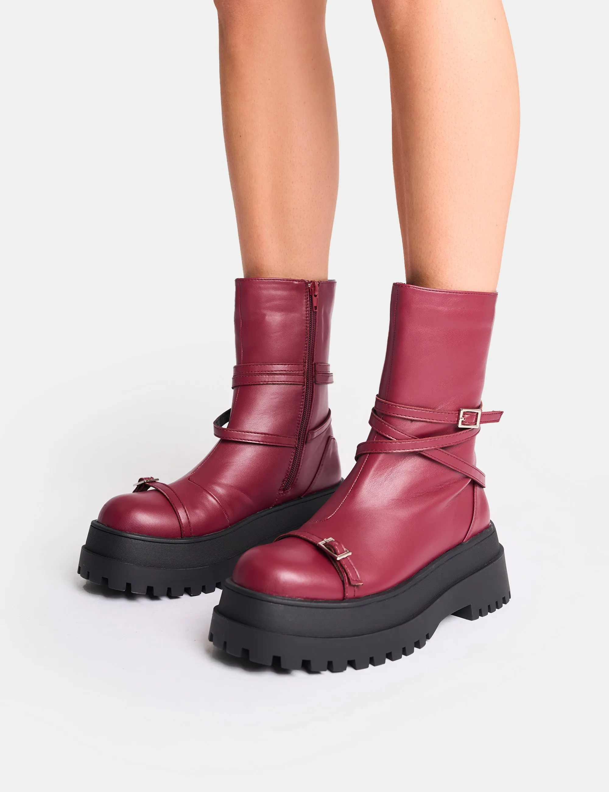 Odessa Burgundy Multi Strap Detail Chunky Sole Ankle Boots sold by Public Desire product image thumbnail 4