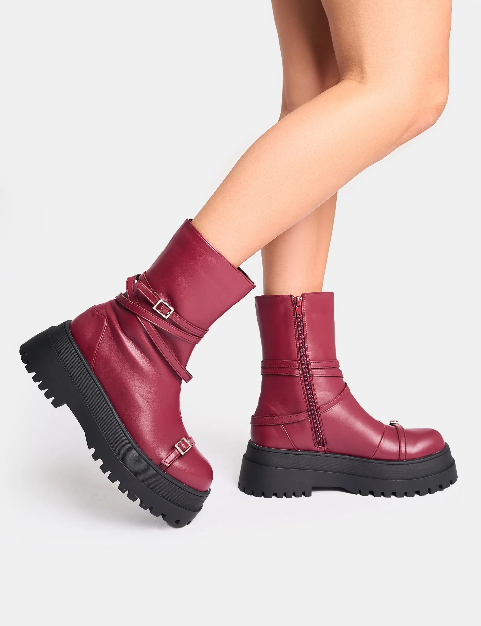 Odessa Burgundy Multi Strap Detail Chunky Sole Ankle Boots sold by Public Desire product image thumbnail 2