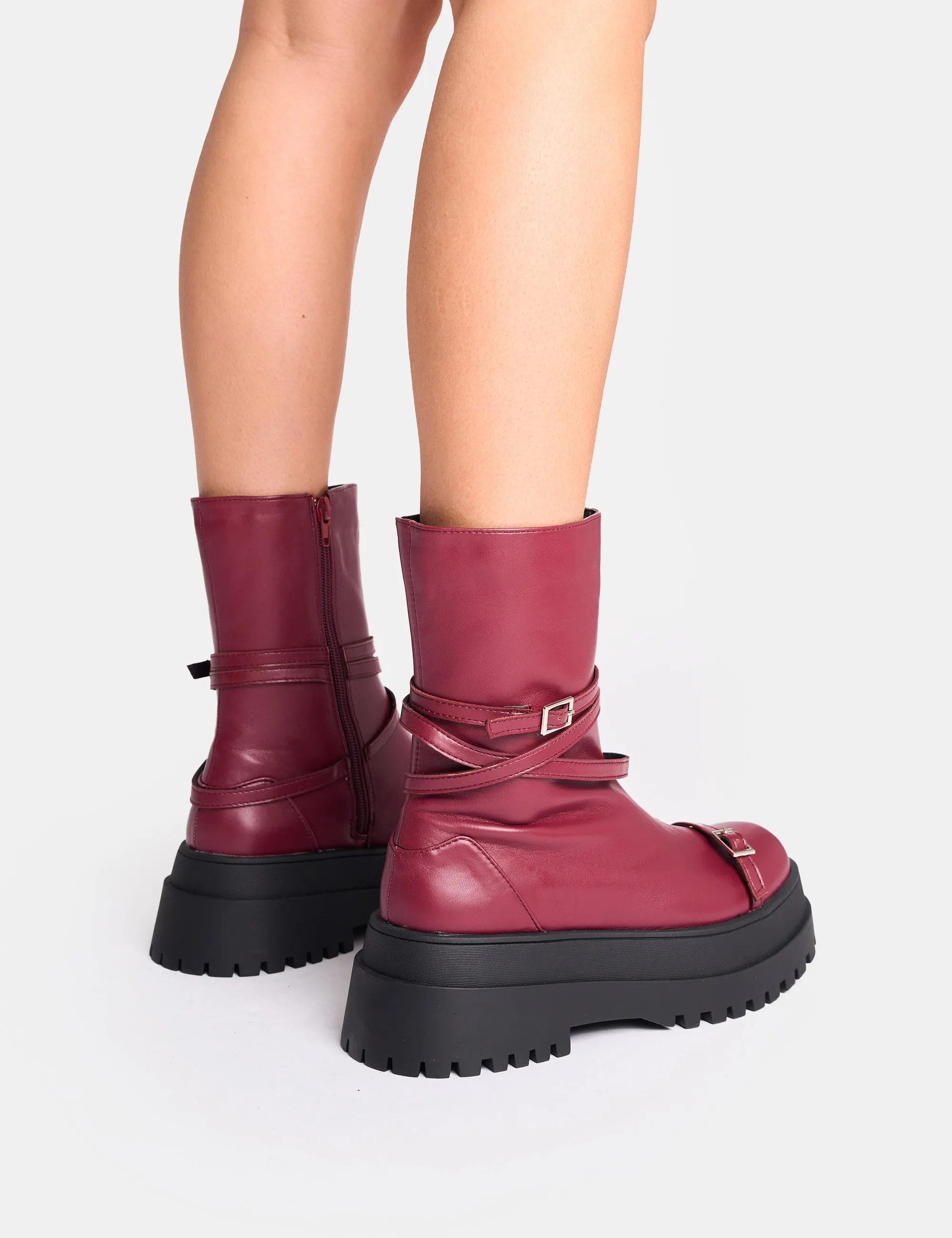 Odessa Burgundy Multi Strap Detail Chunky Sole Ankle Boots sold by Public Desire product image thumbnail 3