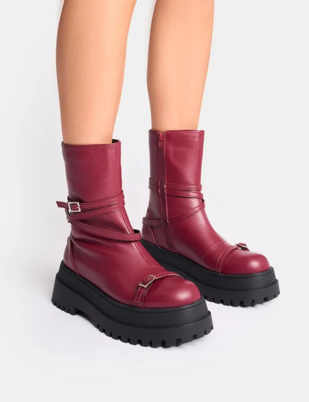 Odessa Burgundy Multi Strap Detail Chunky Sole Ankle Boots sold by Public Desire