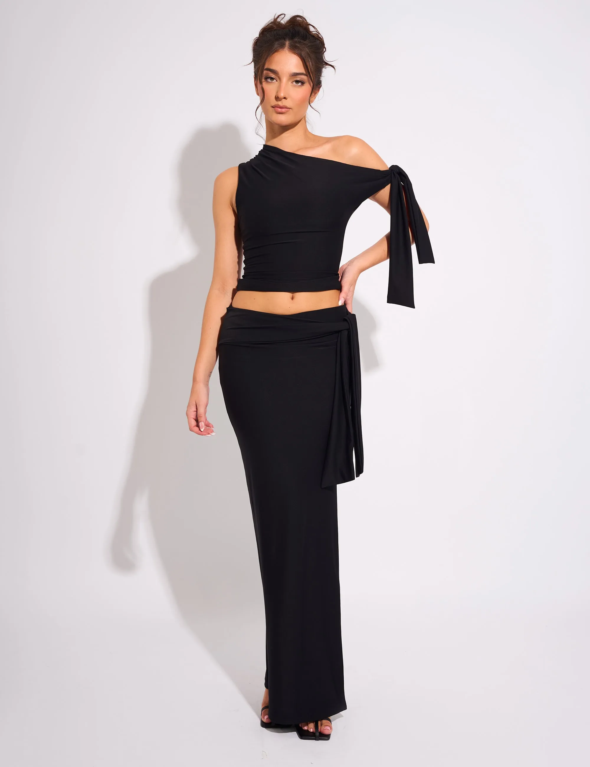 Knot Detail Luxe Slinky Maxi Skirt Black sold by Public Desire