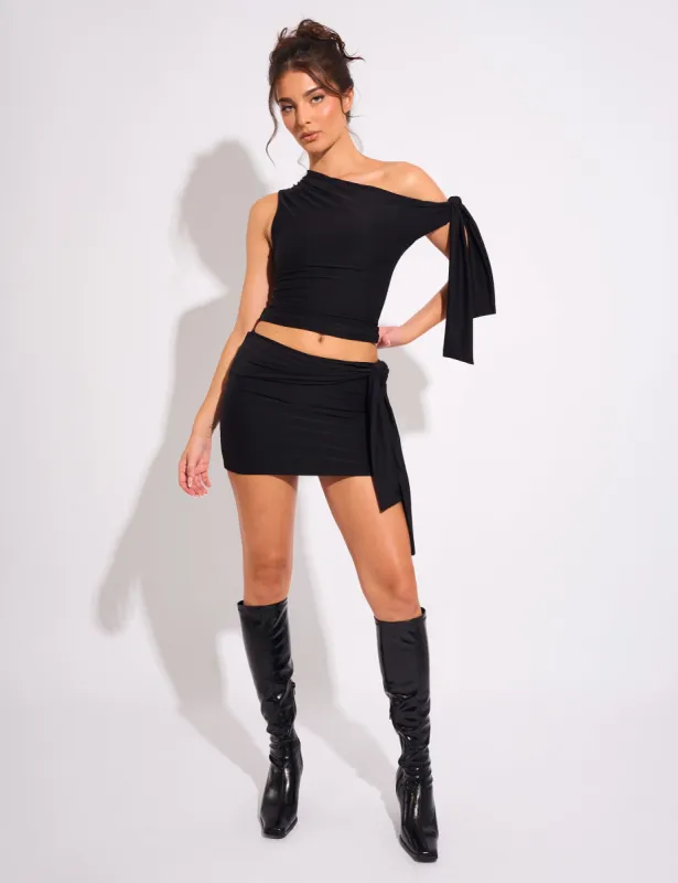 Knot Detail Luxe Slinky Mini Skirt Black sold by Public Desire