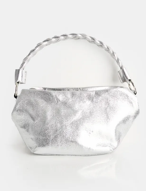 Lillian Cracked Silver Woven Strap Shoulder Bag made by Public Desire
