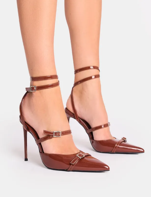 Viper Chocolate Three Strap Buckle Detail Court Heels sold by Public Desire