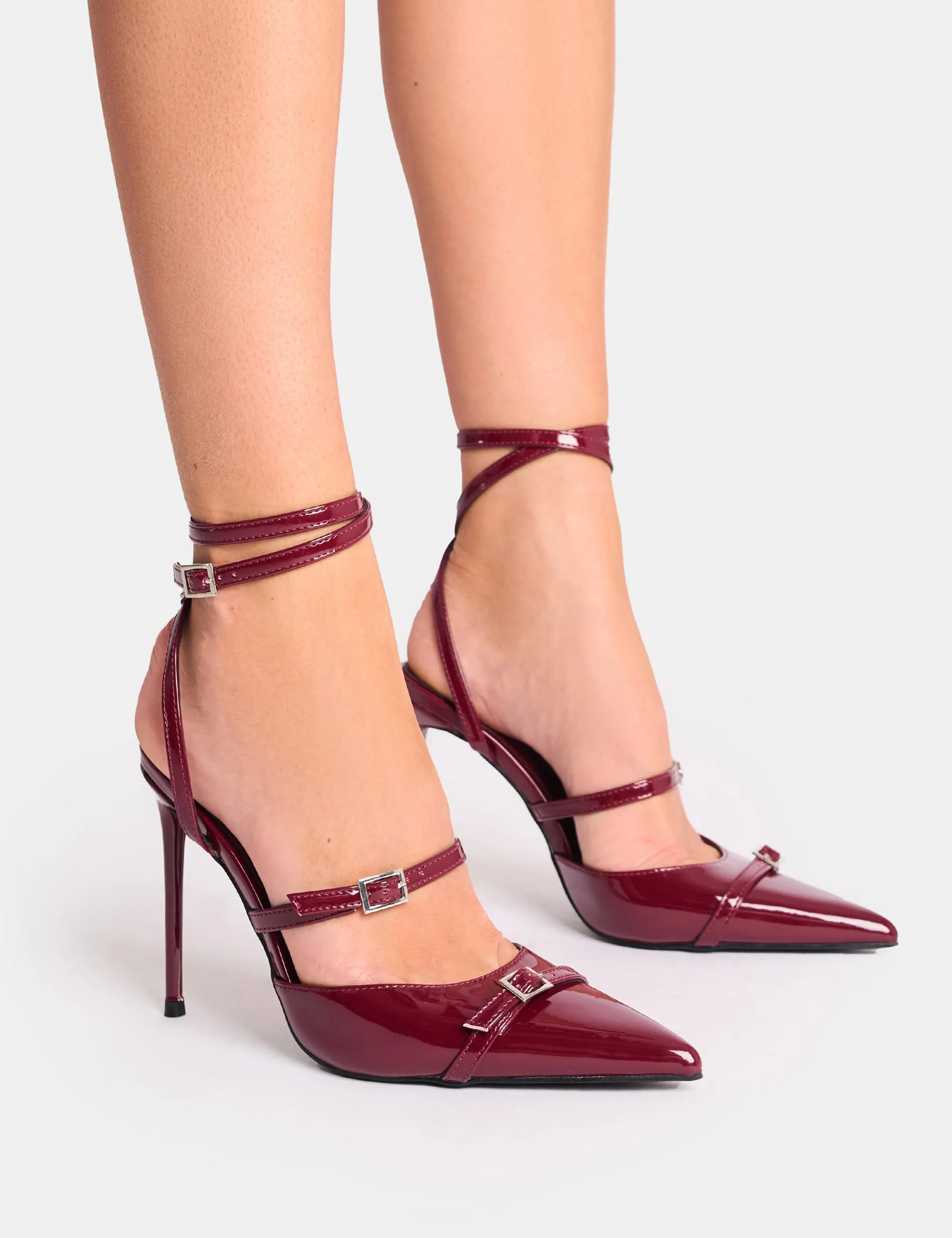 Viper Burgundy Three Strap Buckle Detail Court Heels sold by Public Desire