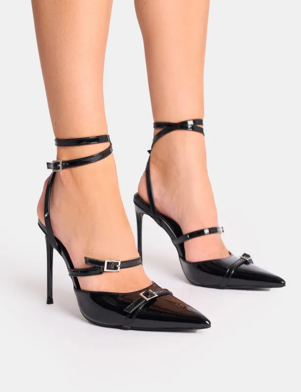 Viper Black Three Strap Buckle Detail Court Heels sold by Public Desire