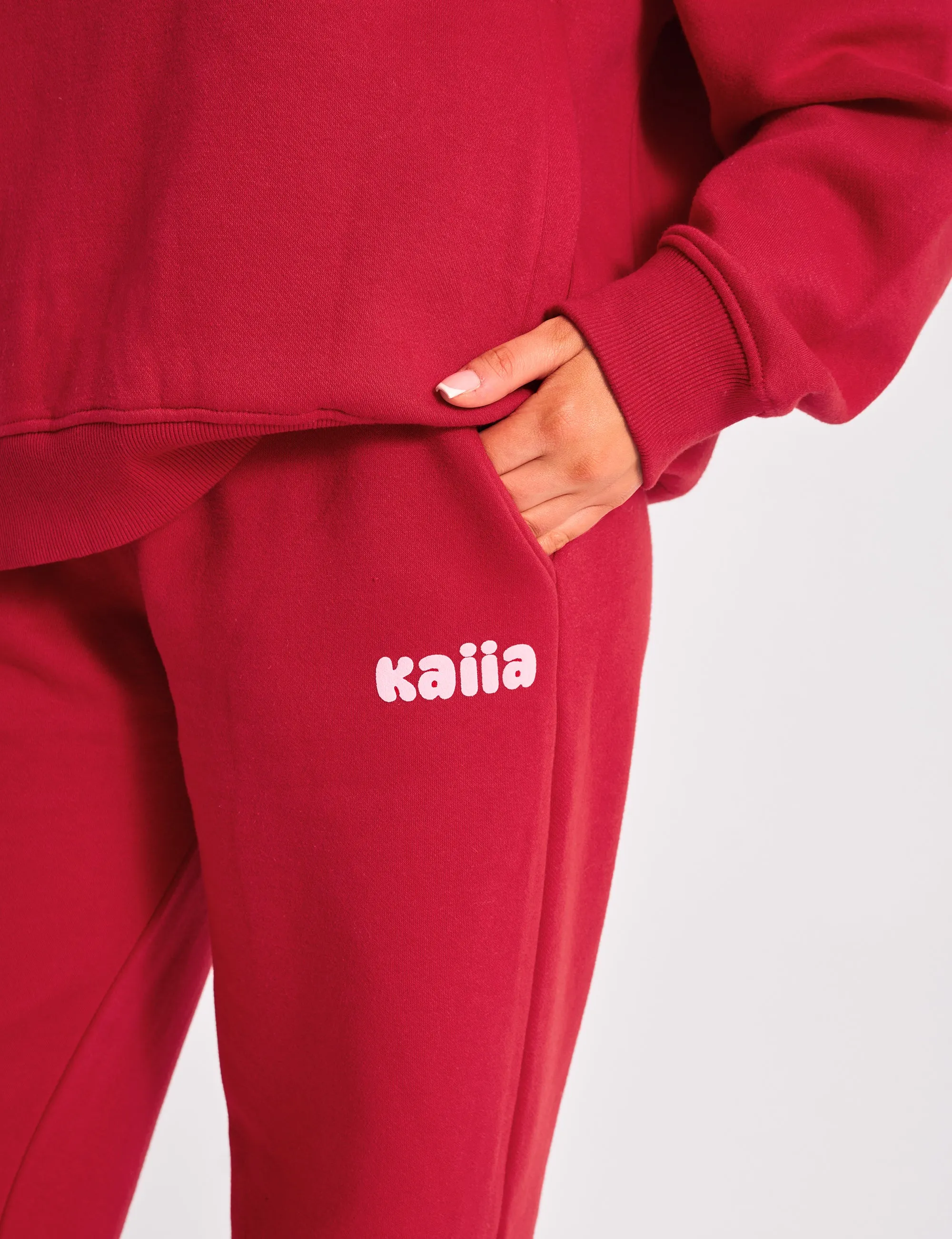 Kaiia Ribbed Waistband Wide Leg Joggers Red & Pink sold by Public Desire product image thumbnail 4