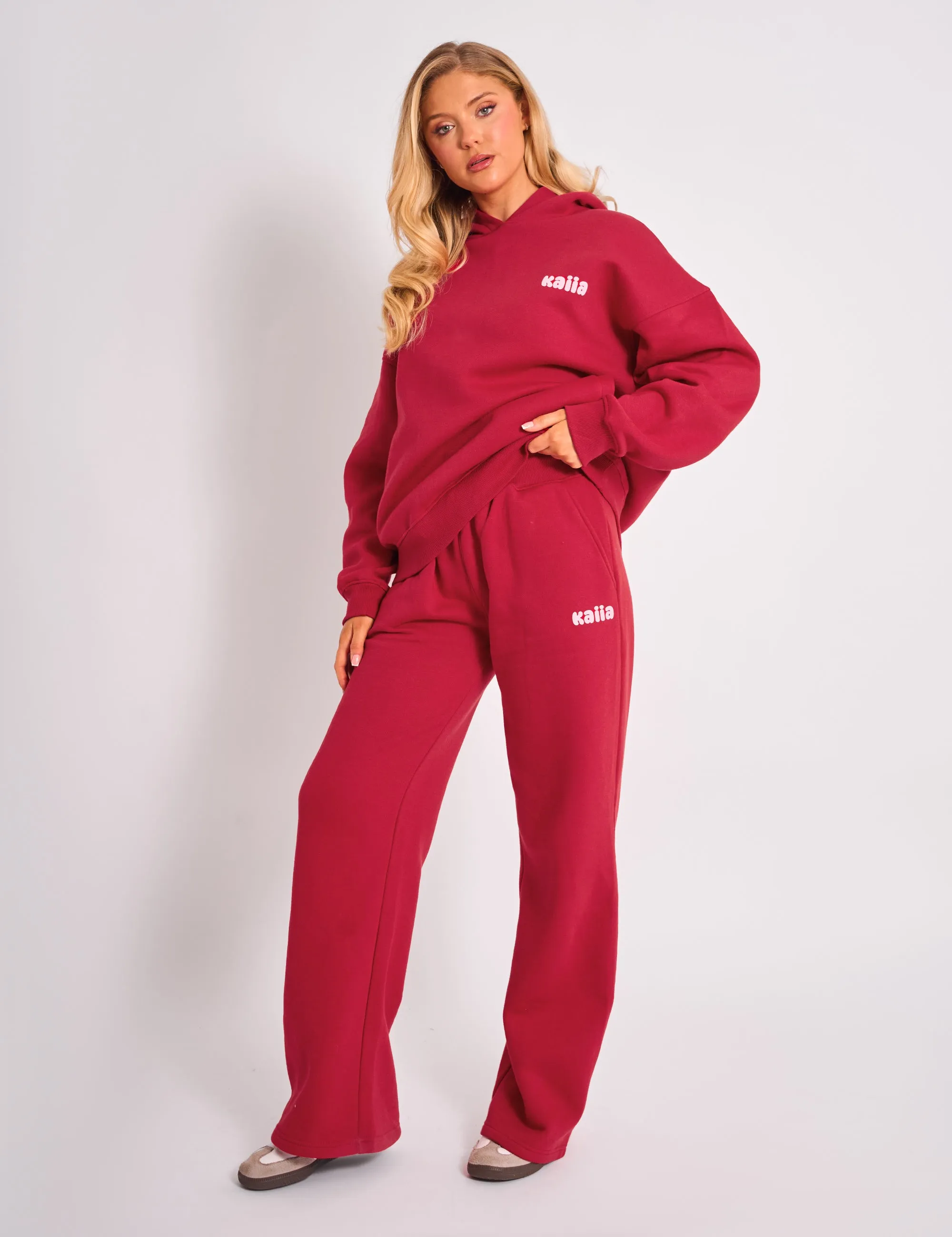 Kaiia Ribbed Waistband Wide Leg Joggers Red & Pink sold by Public Desire