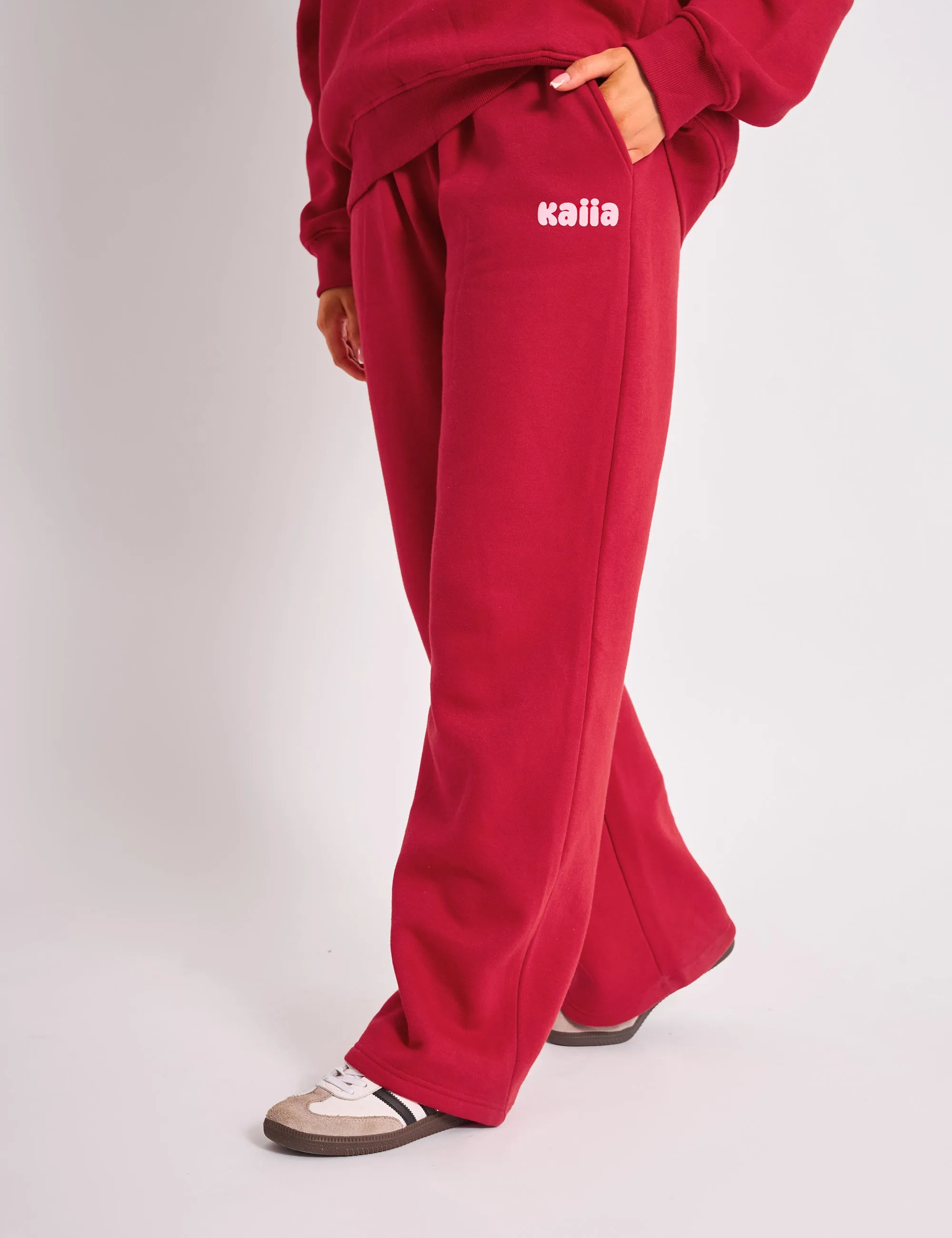 Kaiia Ribbed Waistband Wide Leg Joggers Red & Pink sold by Public Desire product image thumbnail 2