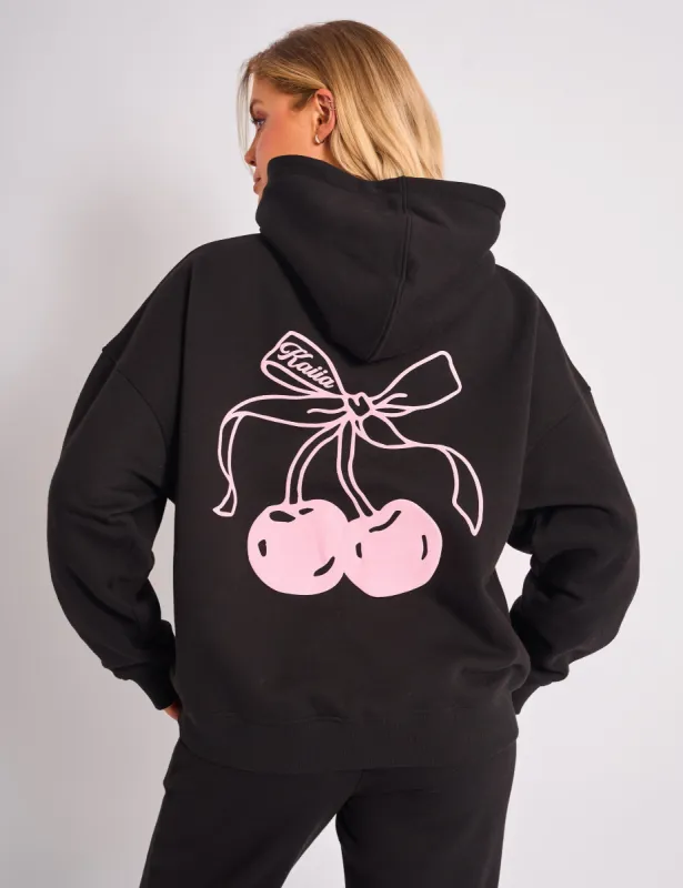 Kaiia Cherry Bow Graphic Oversized Hoodie Black & Pink sold by Public Desire