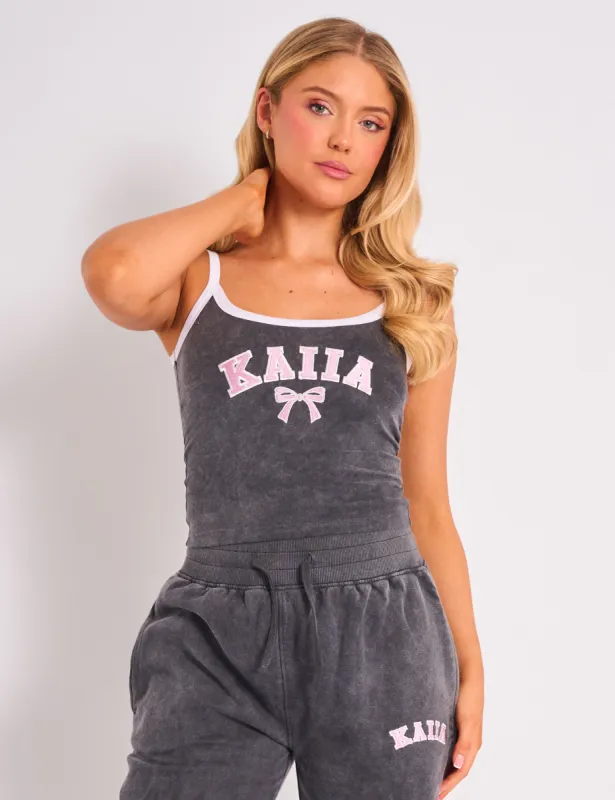 Kaiia Bow Embroidered Cami Top Washed Dark Grey & Pink sold by Public Desire