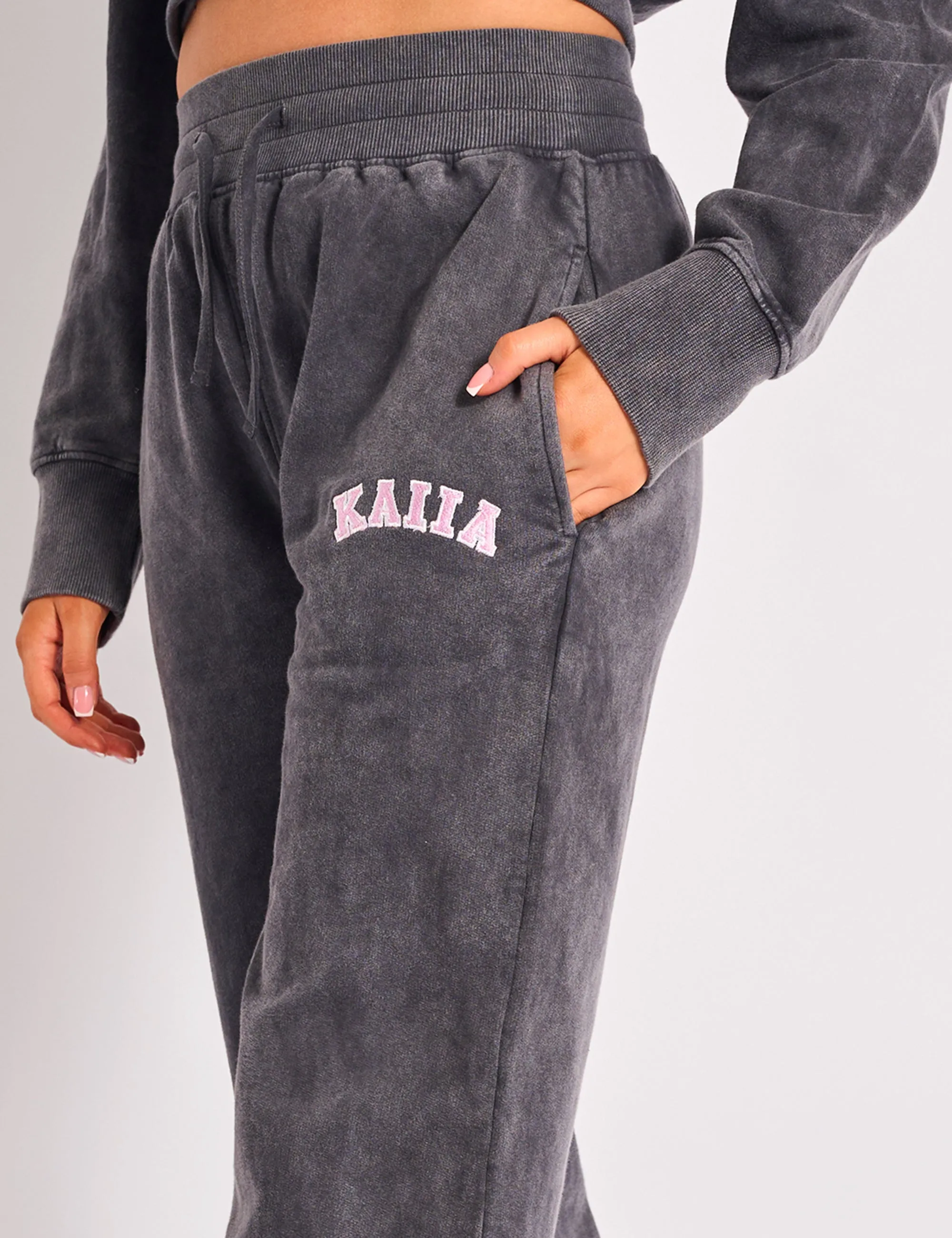 Kaiia Ribbed Waistband Wide Leg Sweat Pants Washed Dark Grey & Pink sold by Public Desire product image thumbnail 4