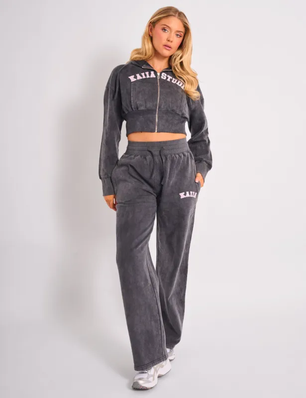 Kaiia Ribbed Waistband Wide Leg Sweat Pants Washed Dark Grey & Pink sold by Public Desire