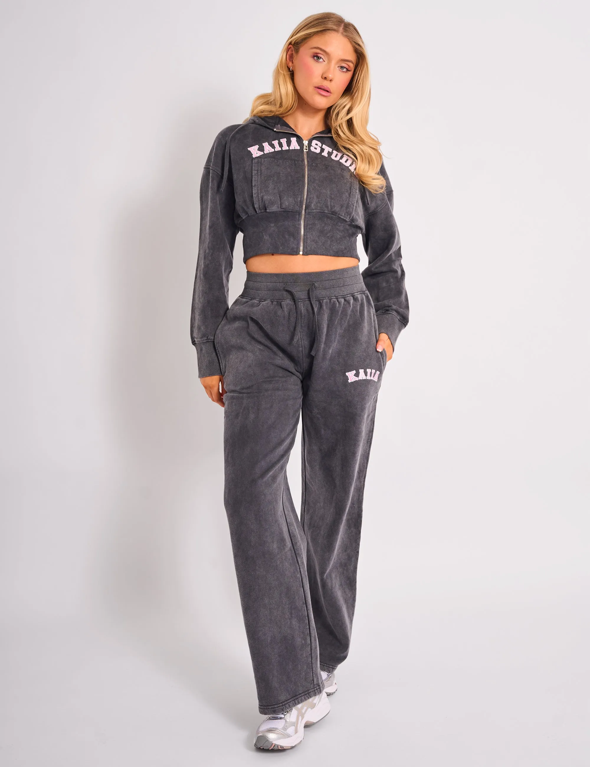 Kaiia Ribbed Waistband Wide Leg Sweat Pants Washed Dark Grey & Pink sold by Public Desire