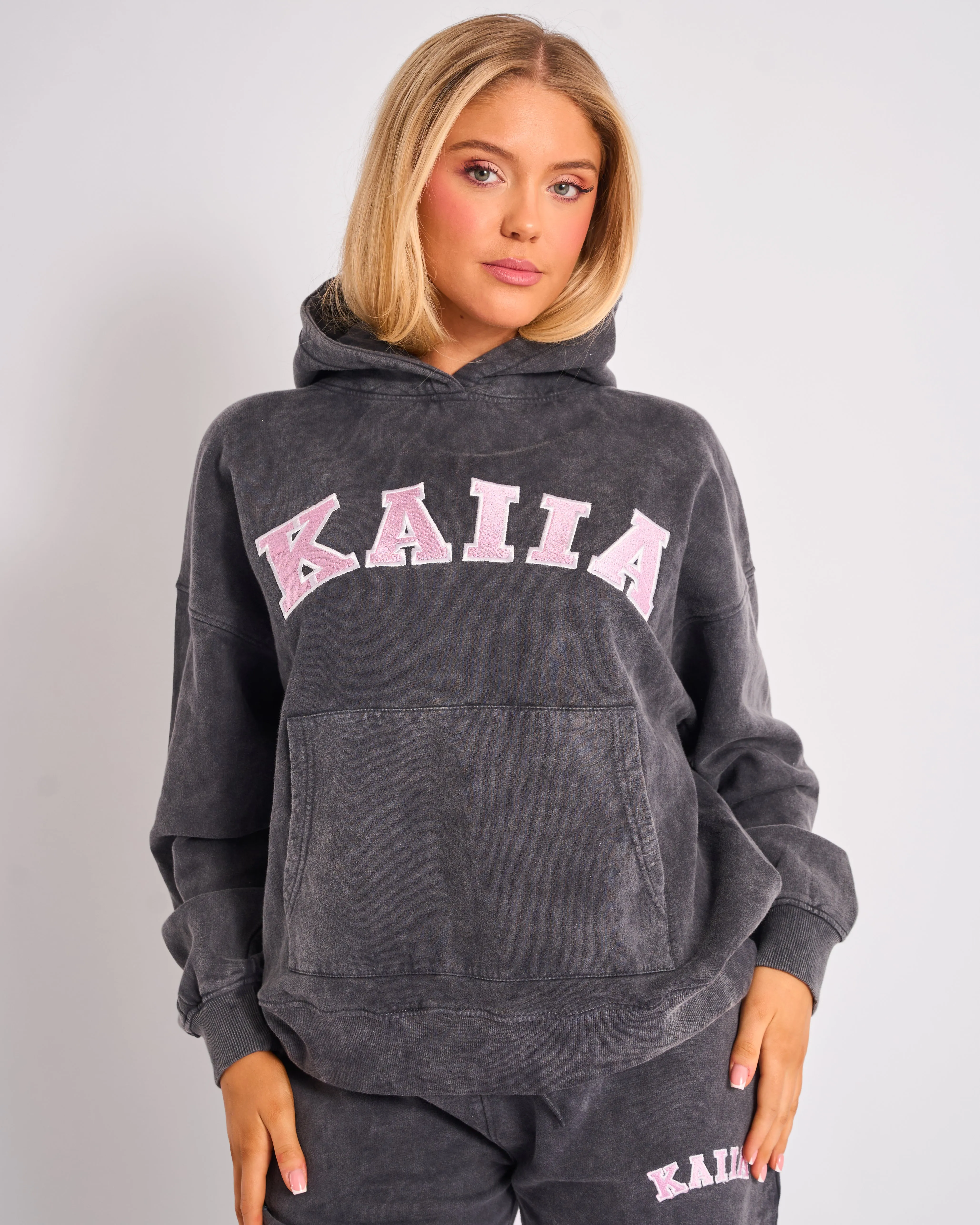 Kaiia Slogan Oversized Hoodie Washed Dark Grey & Pink sold by Public Desire