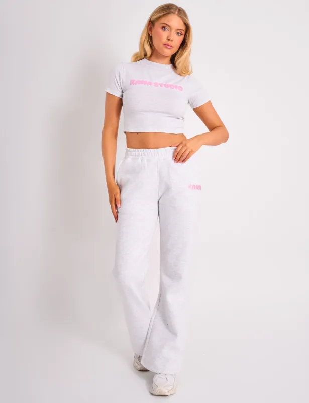 Kaiia Bubble Logo Wide Leg Joggers Grey Marl & Pink sold by Public Desire
