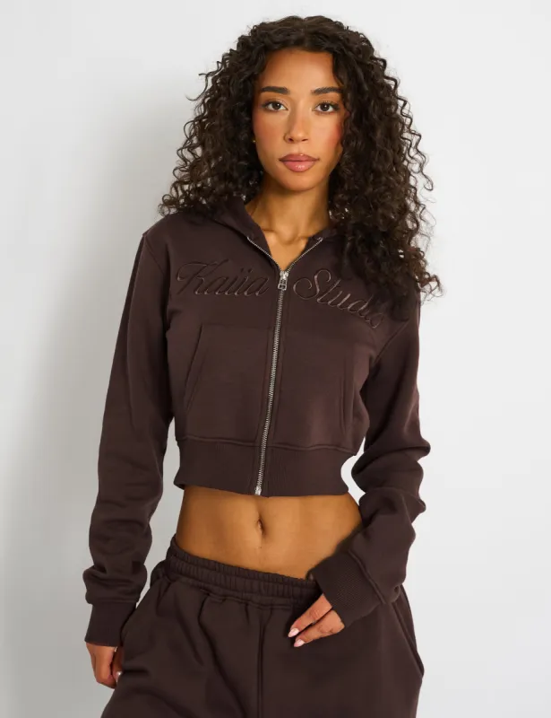 Kaiia Studio Script Logo Cropped Zip Up Hoodie Mocha sold by Public Desire