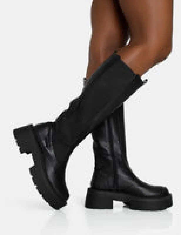 Evergreen Black Pu Wide Fit Knee High Elasticated Detail Chunky Heeled Sole Boots sold by Public Desire