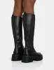 Evergreen Black Pu Wide Fit Knee High Elasticated Detail Chunky Heeled Sole Boots sold by Public Desire