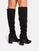 Audrina Black Suede Wide Fit Block Heel Knee High Sock Boots sold by Public Desire