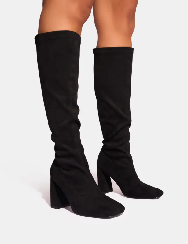 Audrina Black Suede Block Heel Knee High Sock Boots sold by Public Desire