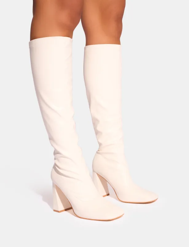 Audrina White Pu Block Heel Knee High Sock Boots sold by Public Desire