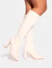 Audrina White Pu Block Heel Knee High Sock Boots sold by Public Desire