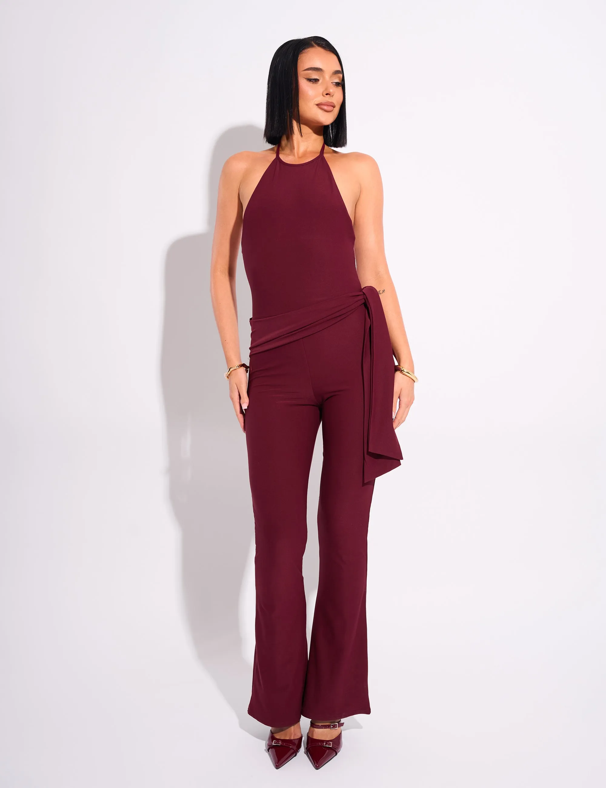 Tie Back Luxe Slinky Jumpsuit Burgundy sold by Public Desire