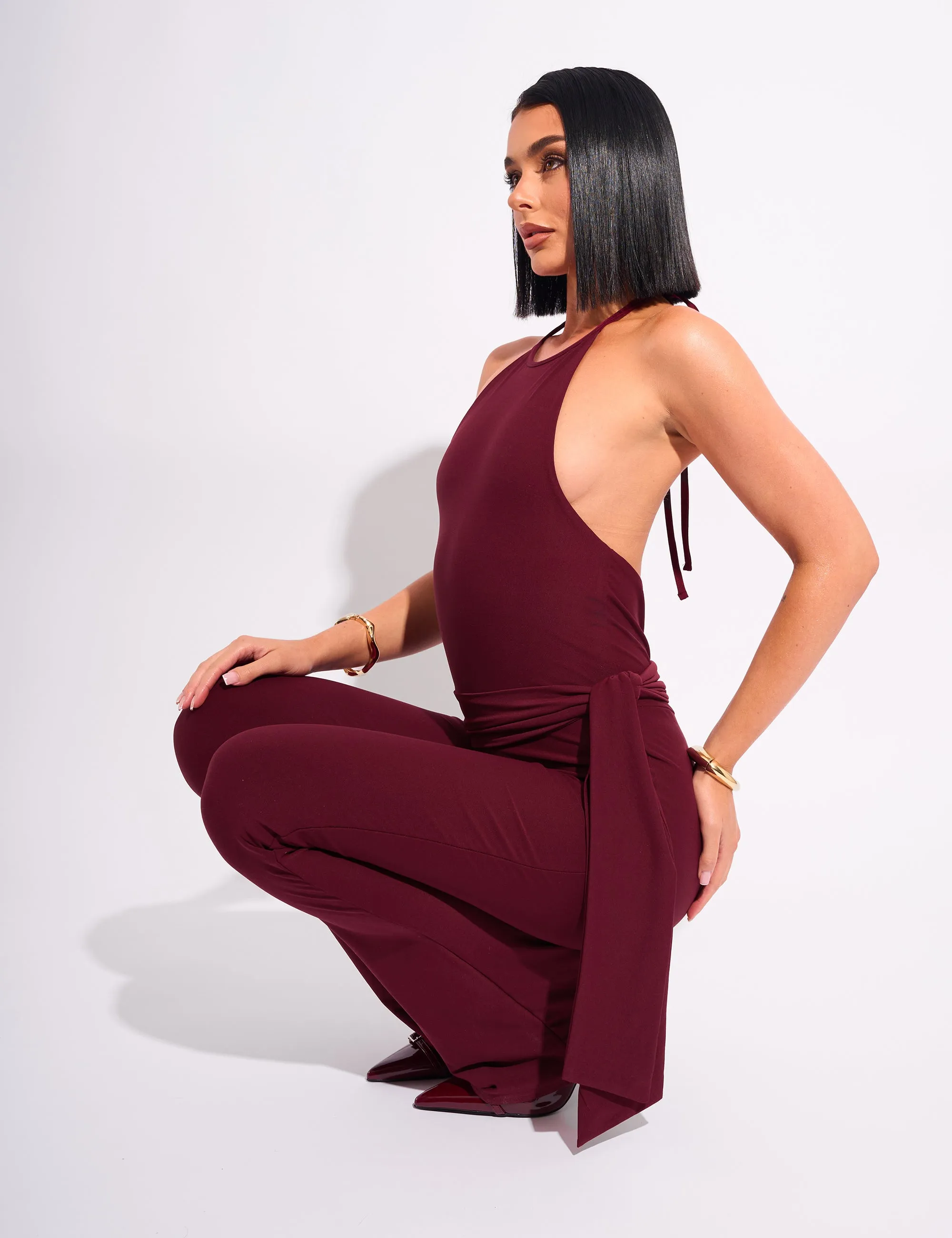 Tie Back Luxe Slinky Jumpsuit Burgundy sold by Public Desire product image thumbnail 4