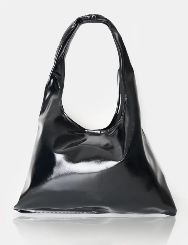 The Shadow Black Patent Slouchy Hobo Tote Bag sold by Public Desire