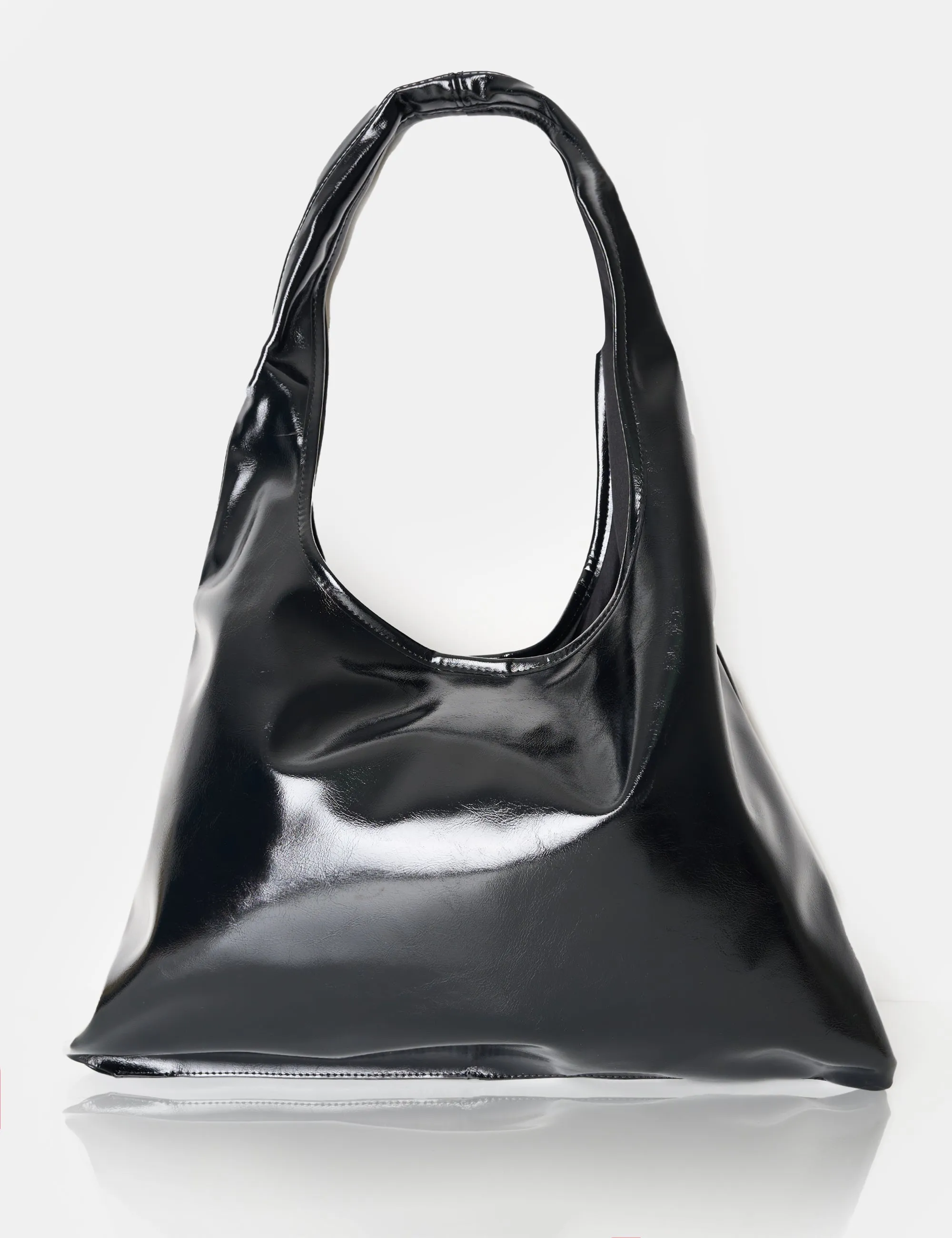 The Shadow Black Patent Slouchy Hobo Tote Bag sold by Public Desire