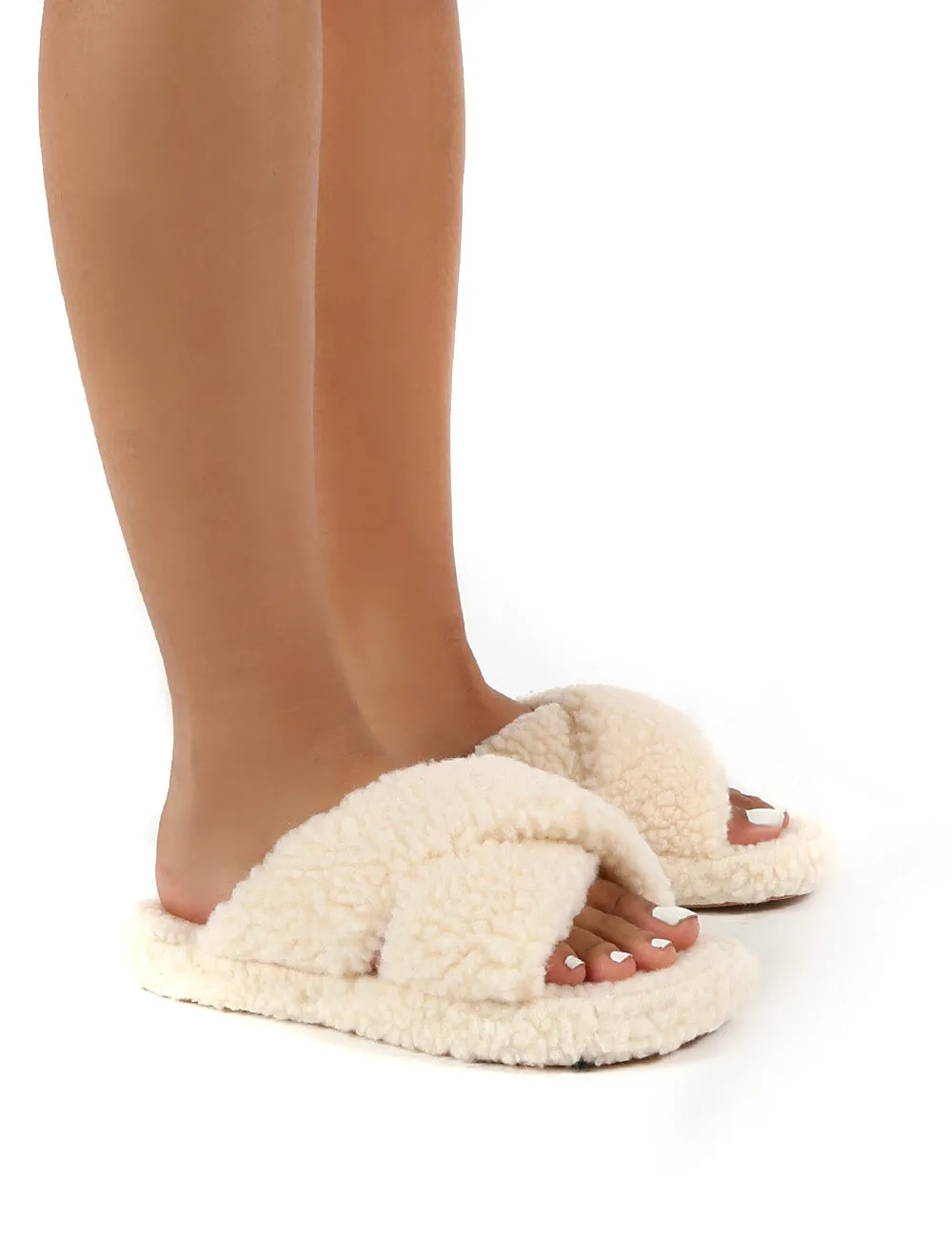 Cozee Cream Fluffy Teddy Cross Over Strap Slippers sold by Public Desire