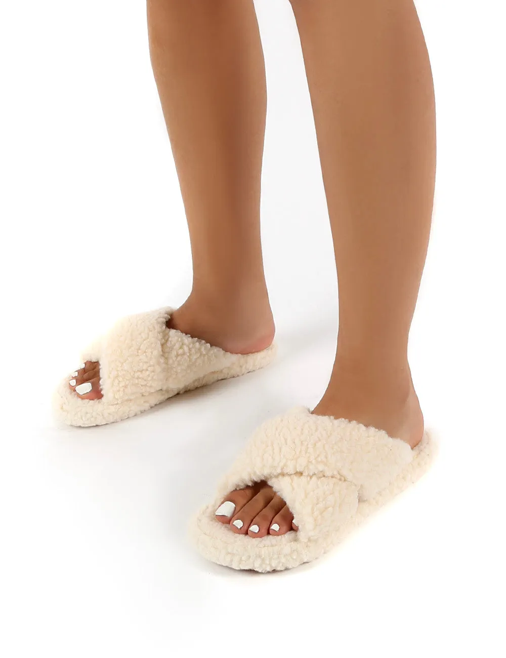 Cozee Cream Fluffy Teddy Cross Over Strap Slippers sold by Public Desire product image thumbnail 3