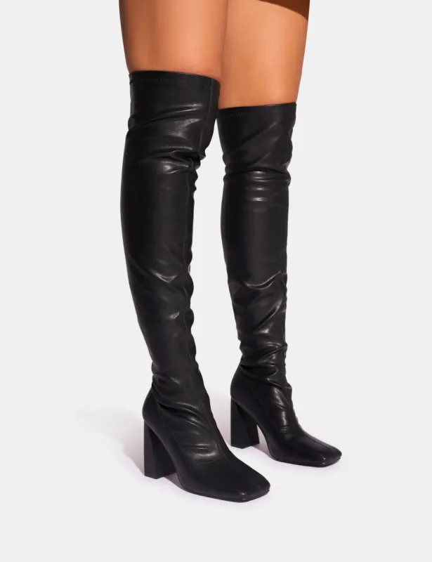 Showoff Black Pu Block Heel Over the Knee Boot sold by Public Desire
