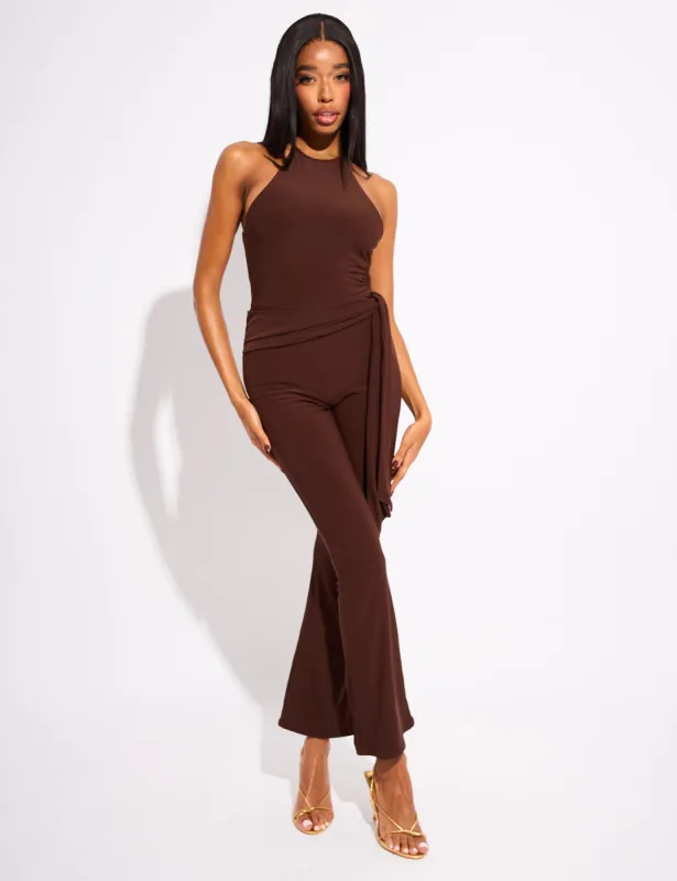 Tie Back Belted Jumpsuit Chocolate sold by Public Desire
