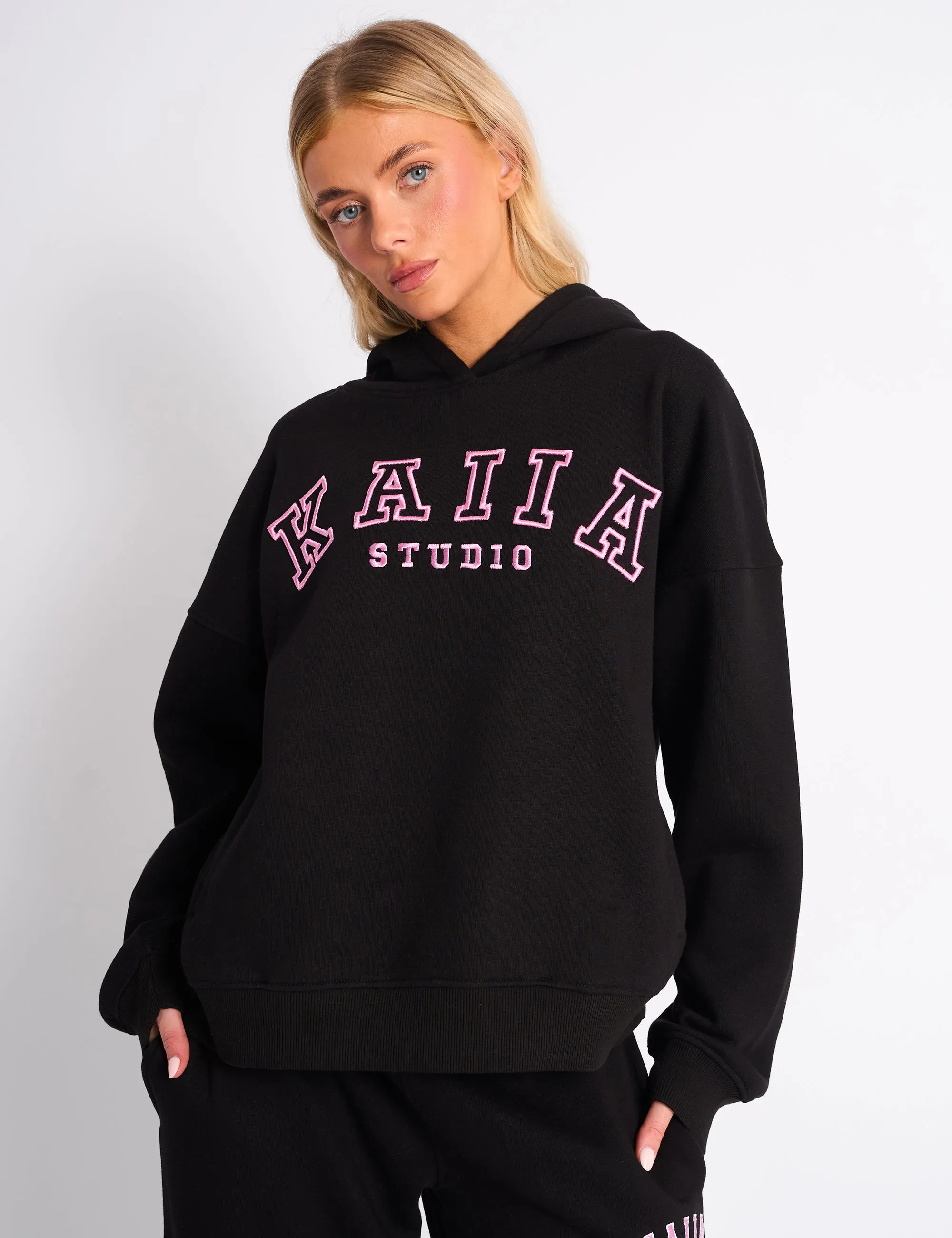 Kaiia Slogan Oversized Hoodie Black & Pink sold by Public Desire