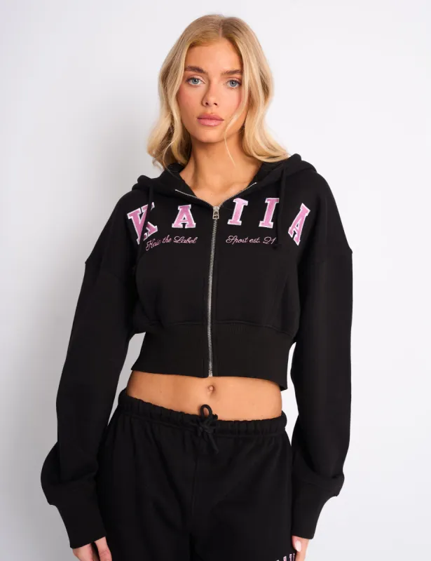 Kaiia Slogan Cropped Zip Up Hoodie Black & Pink sold by Public Desire