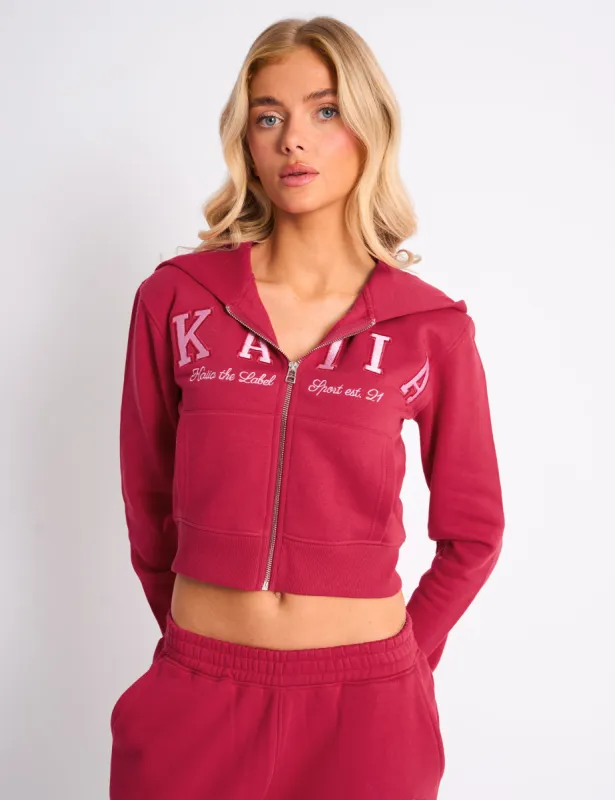 Kaiia Slogan Cropped Zip Up Hoodie Cranberry & Pink sold by Public Desire