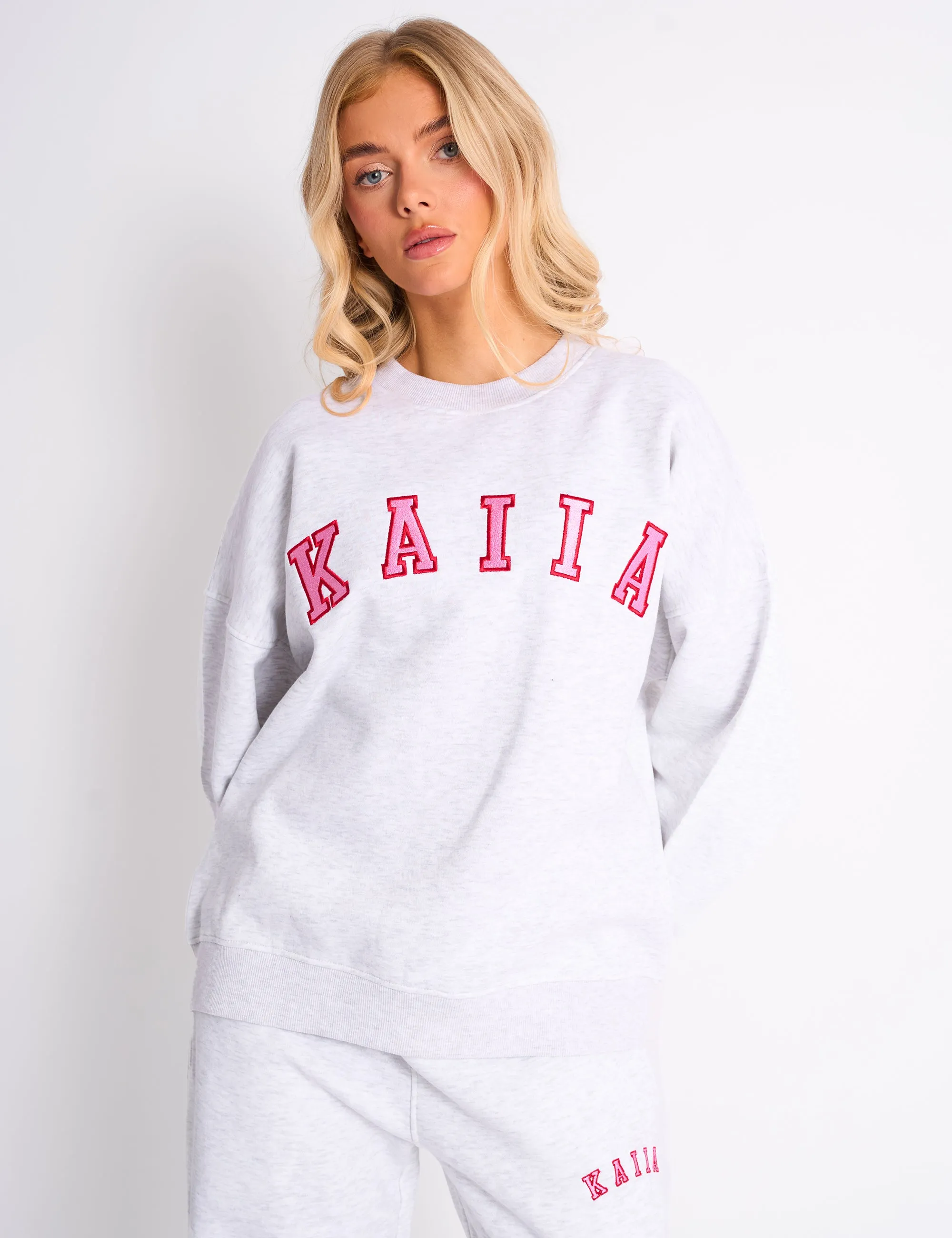 Kaiia Slogan Oversized Sweatshirt Light Grey Marl & Pink Contrast sold by Public Desire