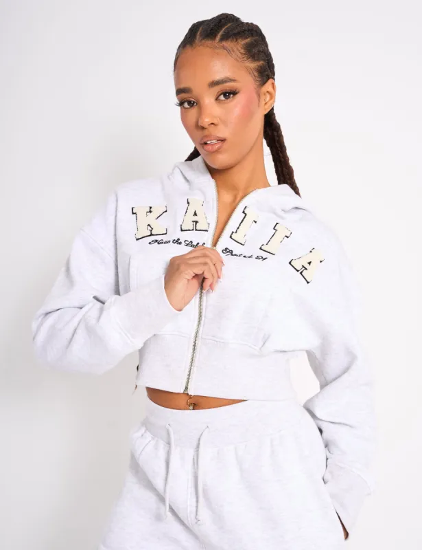 Kaiia Slogan Cropped Zip Up Hoodie Light Grey Marl & White sold by Public Desire