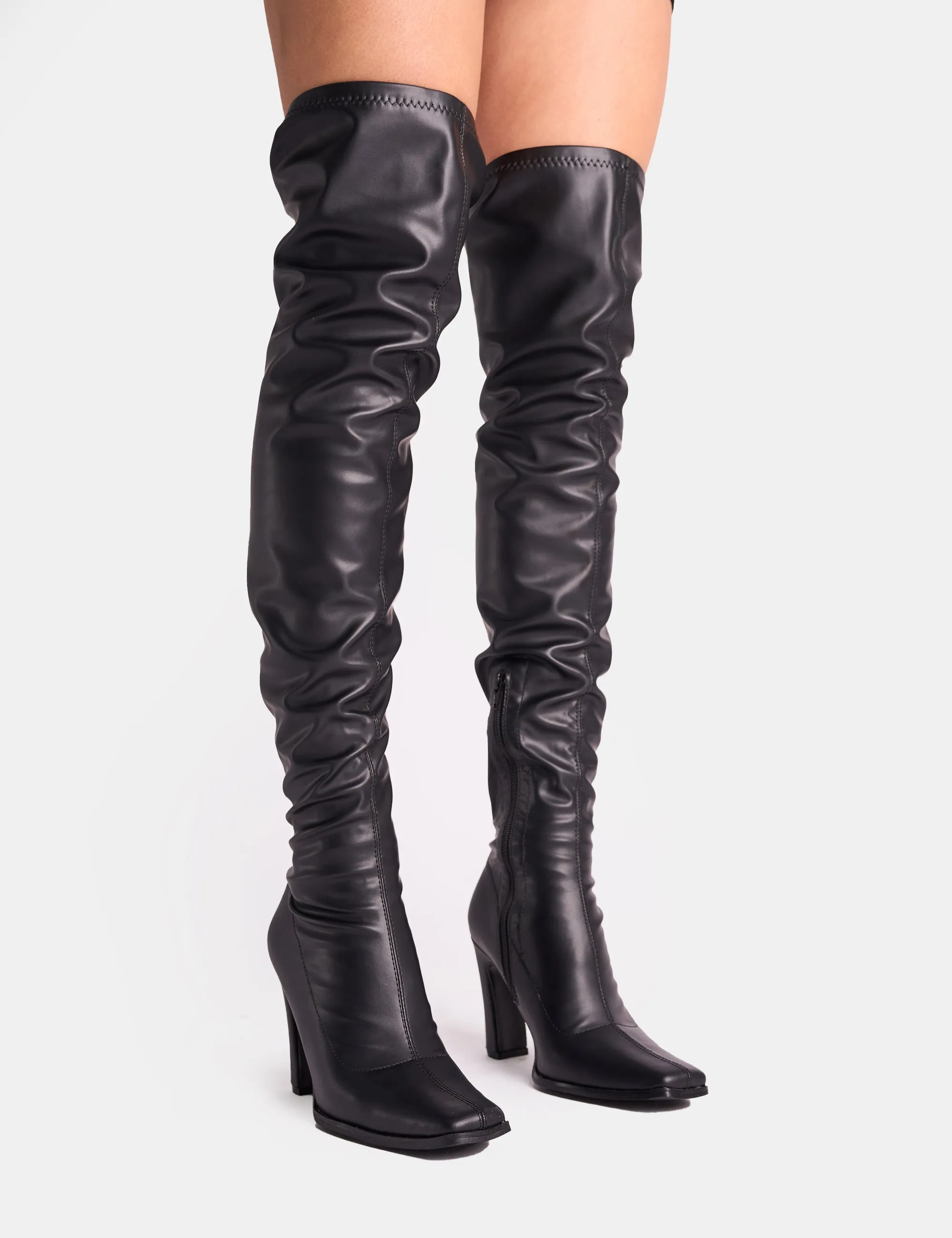 Acquaria Black Pu Over the Knee Flared Heel Boots sold by Public Desire