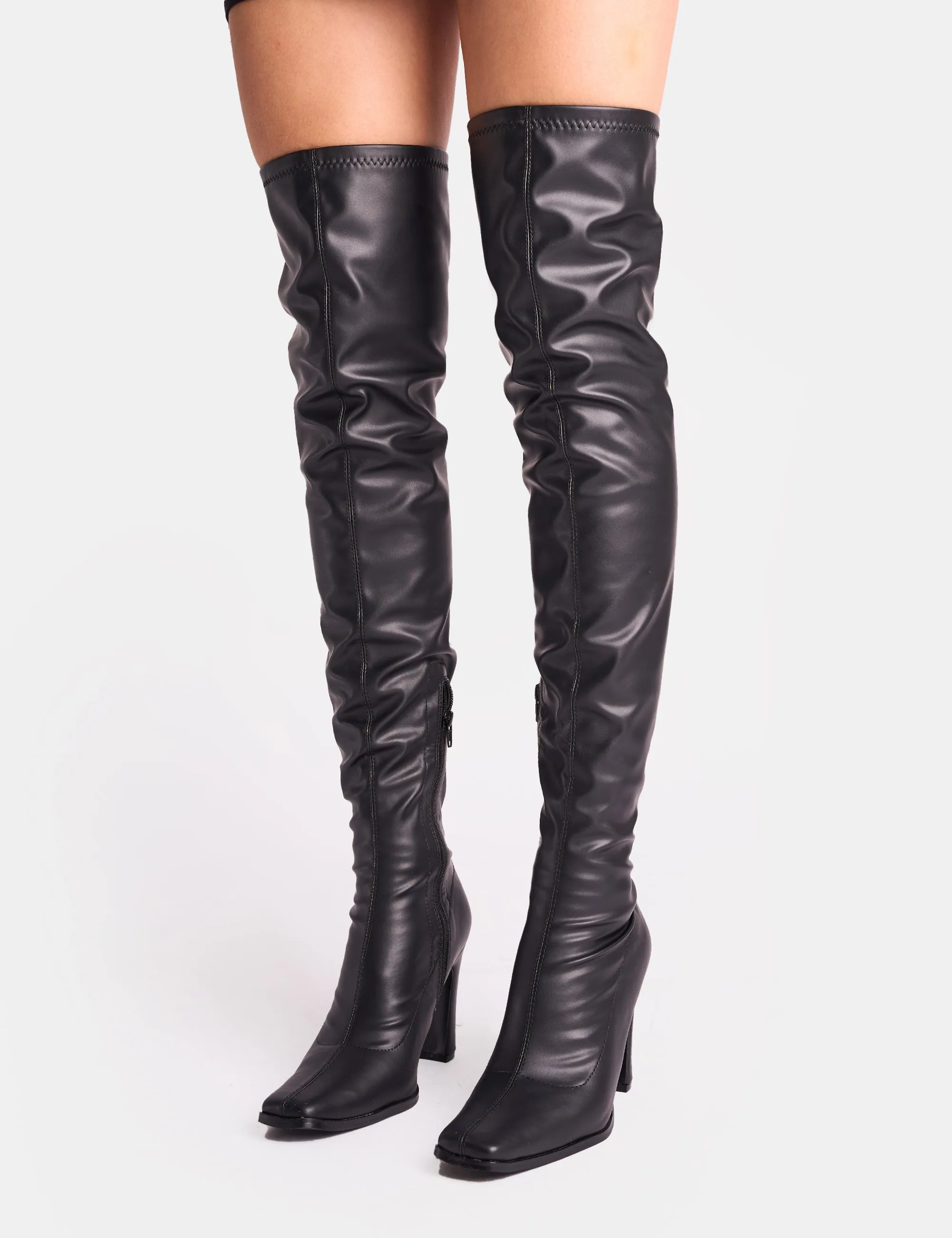 Acquaria Black Pu Over the Knee Flared Heel Boots sold by Public Desire product image thumbnail 4