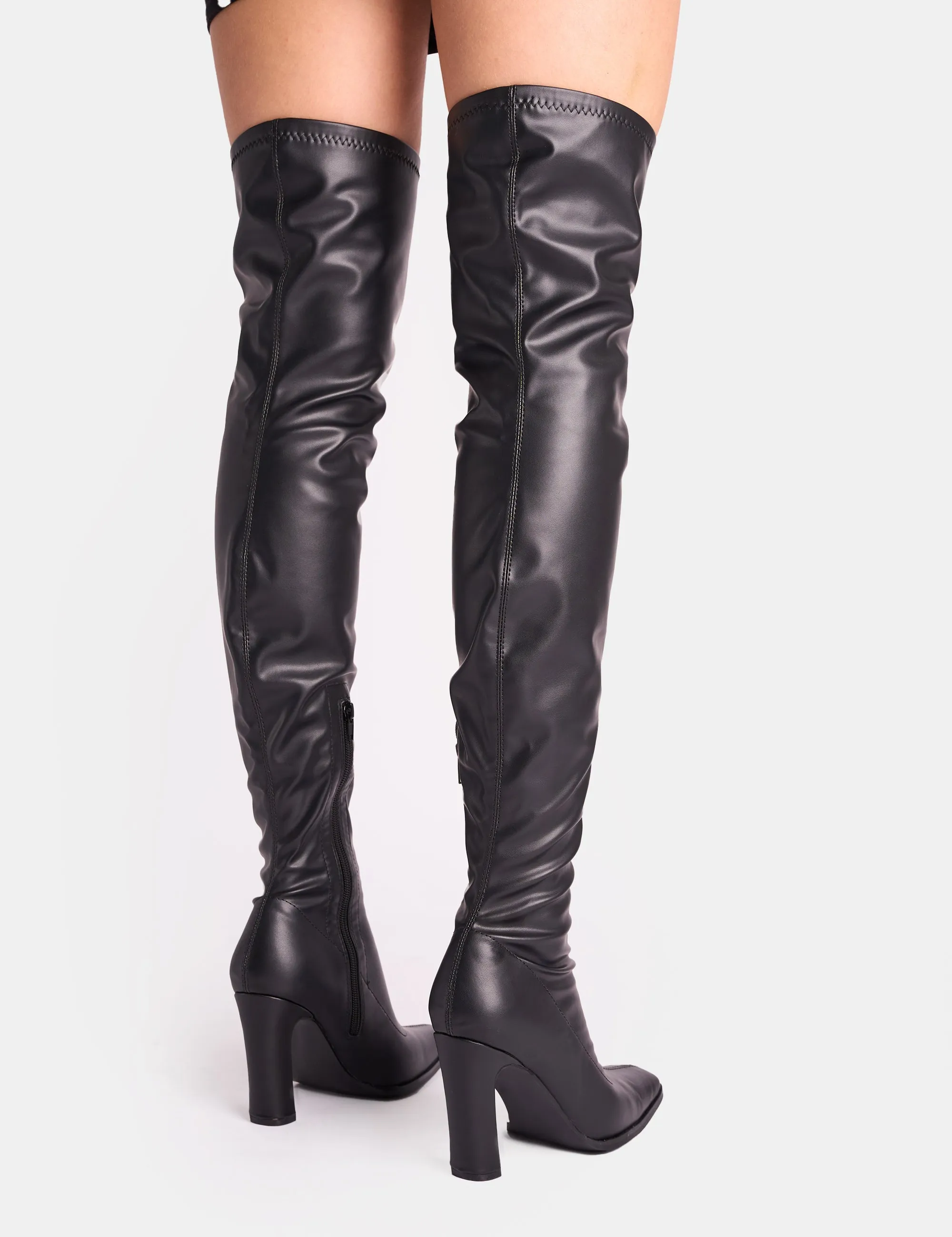 Acquaria Black Pu Over the Knee Flared Heel Boots sold by Public Desire product image thumbnail 3