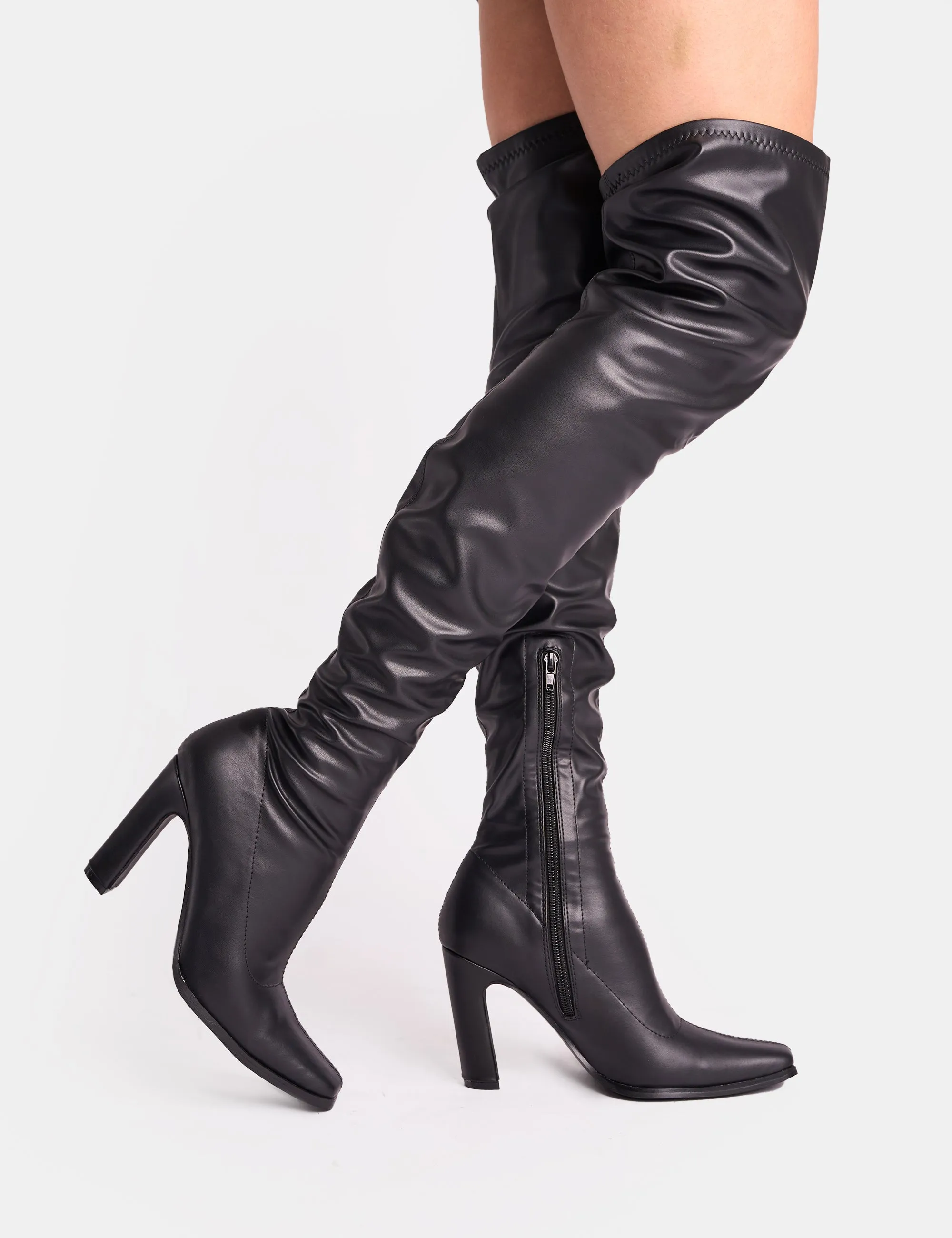 Acquaria Black Pu Over the Knee Flared Heel Boots sold by Public Desire product image thumbnail 2