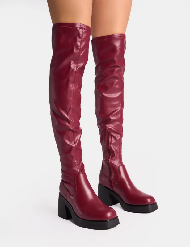 Sensored Burgundy Chunky Sole Sock Over the Knee Boots sold by Public Desire