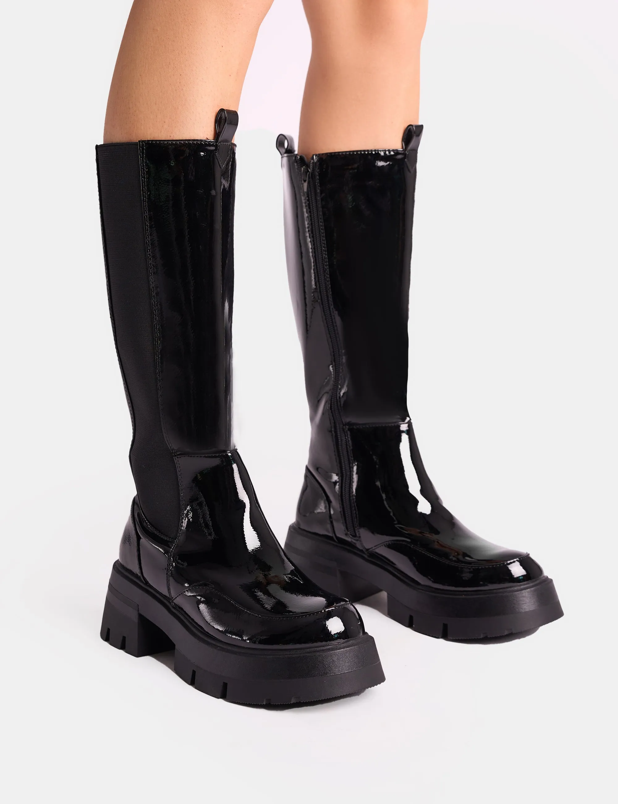 Bryant Black Patent Chunky Sole Elasticated Knee High Boots sold by Public Desire