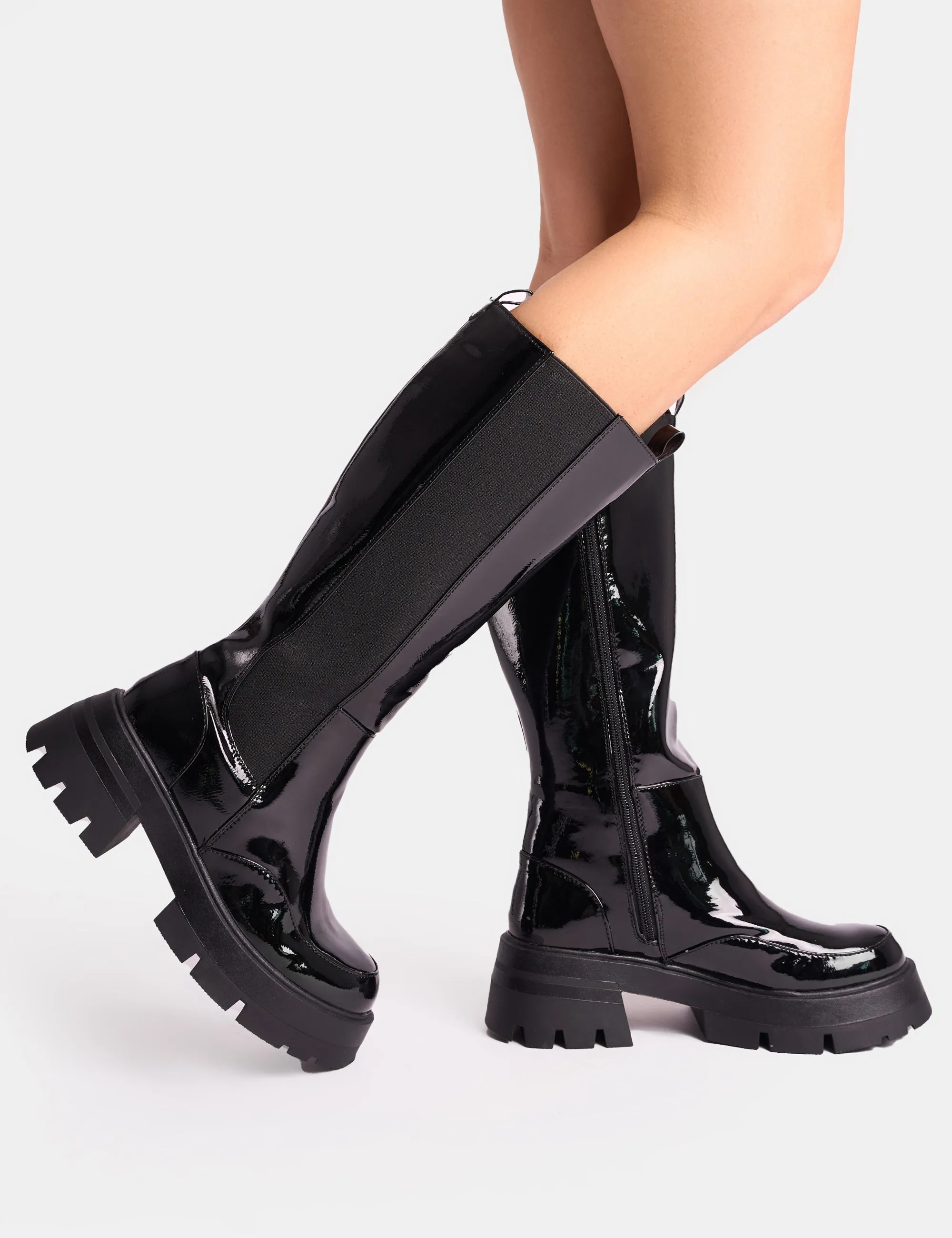 Bryant Black Patent Chunky Sole Elasticated Knee High Boots sold by Public Desire product image thumbnail 2